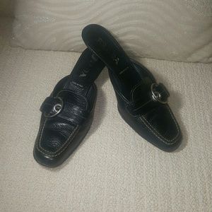 Prada black square toe buckle mules